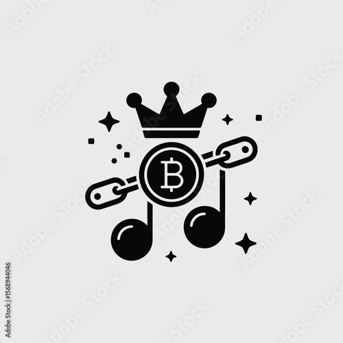 Minimalist Black and White Vector Icon Bitcoin Crown Music Notes Chain Link Design Illustration Royalty Cryptocurrency Digital Currency Finance Blockchain Technology