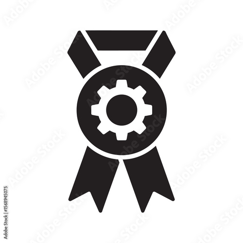 Engineering award glyph icon with a prize ribbon and gear for technical achievement innovation excellence and industrial development recognition