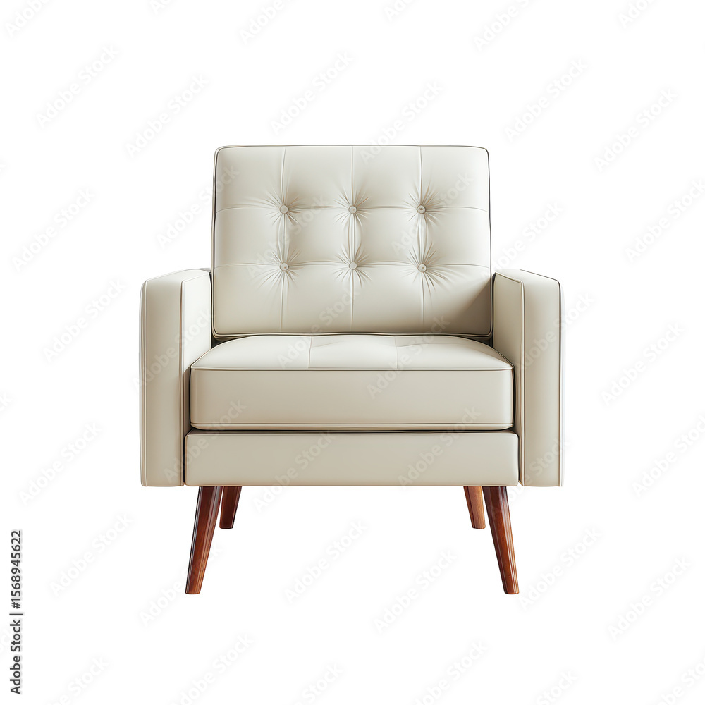 Elegant armchair featuring cream leather upholstery, button tufting, and sleek wooden legs, designed to elevate any space, on transparent background Elegant armchair featuring cream leather upholstery, button tufting, and sleek wooden legs, designed to elevate any space, on transparent background