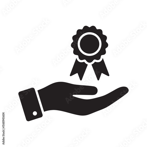 Achievement award glyph icon with a hand holding a prize ribbon for success recognition best performance and quality certification excellence