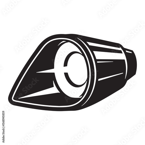 Black and white illustration of a car exhaust pipe with geometric design and bold lines