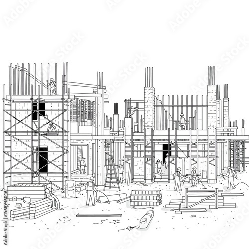 Construction workers on scaffolding, building a house, surrounded by construction materials.