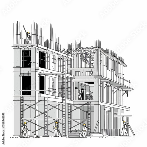 Illustration of a building under construction, with workers on scaffolding and the structure partially completed.