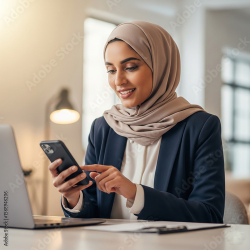 arab saudi arabian woman using a mobile phone. Beautiful portrait of Middle Eastern muslim businesswoman manager using cell phone mobile. Smiling young indian woman wearing hijab.
