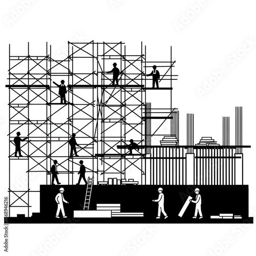 Construction workers building a structure using scaffolding, showing various stages of the process.