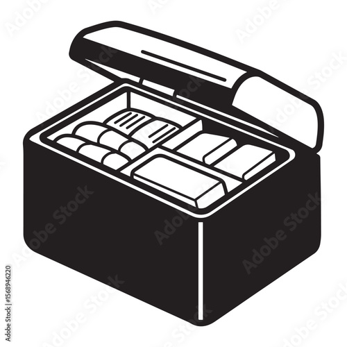 Black and white illustration of a picnic cooler with food compartments open for display