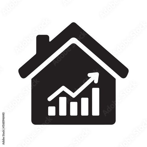 Property value growth glyph icon with a house and rising bar chart for real estate market investment success and increasing housing demand