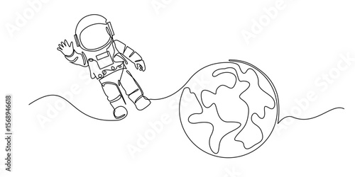 one continuous line astronaut and earth.single line vector astronaut waving hand.line art.eps 10