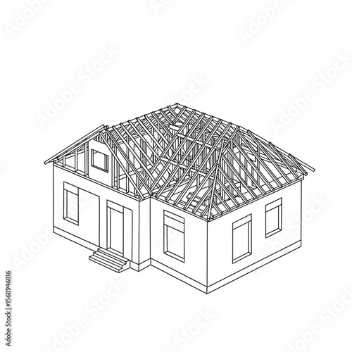 Outlined isometric drawing of a house under construction, showing roof and exterior framing.