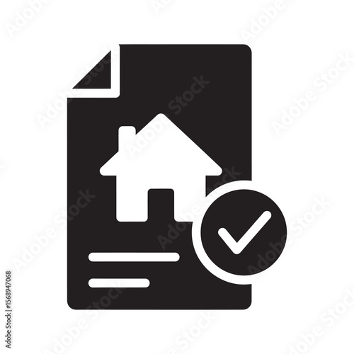 Approved property document glyph icon with a house and checkmark for a verified home inspection passed mortgage or certified real estate deed