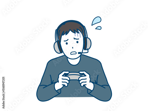 ゲームが難しく苦戦する男性のイラスト