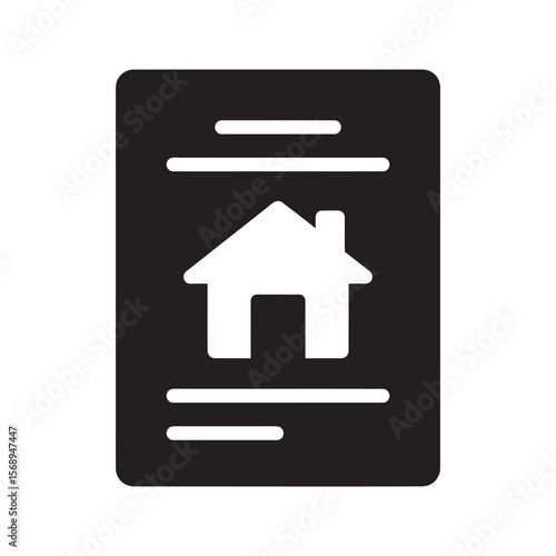 Property document glyph icon with a house on a paper file representing a home title deed real estate contract or mortgage agreement