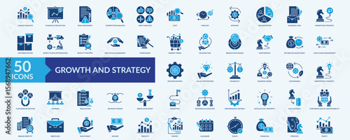 Growth and strategy icon collection set with market analysis, financial projection, risk assessment, supply chain optimization,quality control