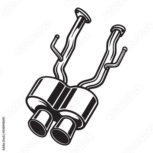 Detailed black and white illustration of a dual exhaust system for automobiles