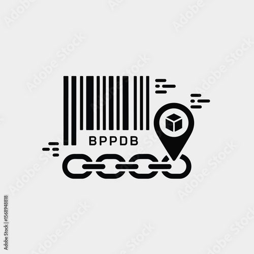 Minimalist Black Vector Icon Depicting a Barcode Labeled B P D B Linked to a Location Pin Showing a Package Symbol Indicating Supply Chain Tracking or Product Traceability