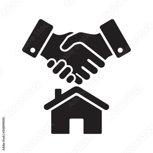 Signing property contract glyph icon with a house document and pen for a home sale agreement real estate deed or mortgage application form
