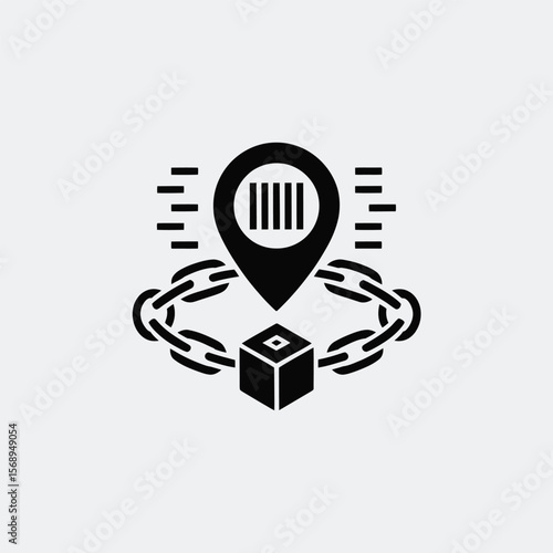 Minimalist Black Vector Icon depicting a cube package secured by a chain link circle a location pin with barcode inside and speed lines indicating movement or delivery