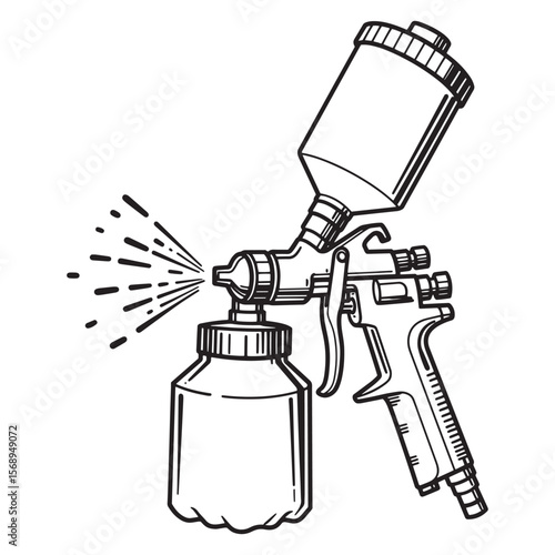 Detailed black and white illustration of a professional spray paint gun tool