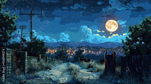 Nighttime Landscape with a Full Moon