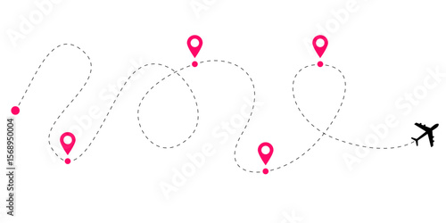 Flight route line set with airplane path illustrations featuring dashed tracking trails and dotted navigation curves for aviation map visuals and aircraft travel themed stock vector designs