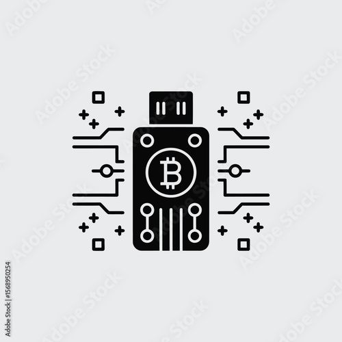 Minimalist Black Vector Icon of a Bitcoin U S B Drive Cryptocurrency Hardware Wallet with Circuit Board Design Elements on Light Gray Background