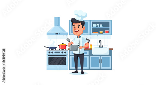 Happy Chef Cooking Delicious Meal in Modern Kitchen