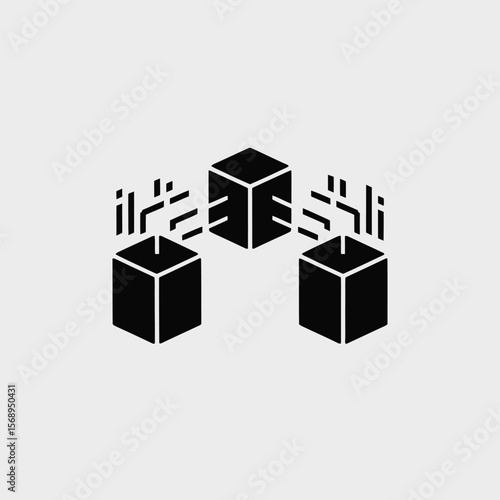 Minimalist Black Vector Icon Three Cubes Data Transfer Network Technology Illustration Simple Graphic Design Element Three Dimensional Block Shapes Connected Lines Data Exchange Concept