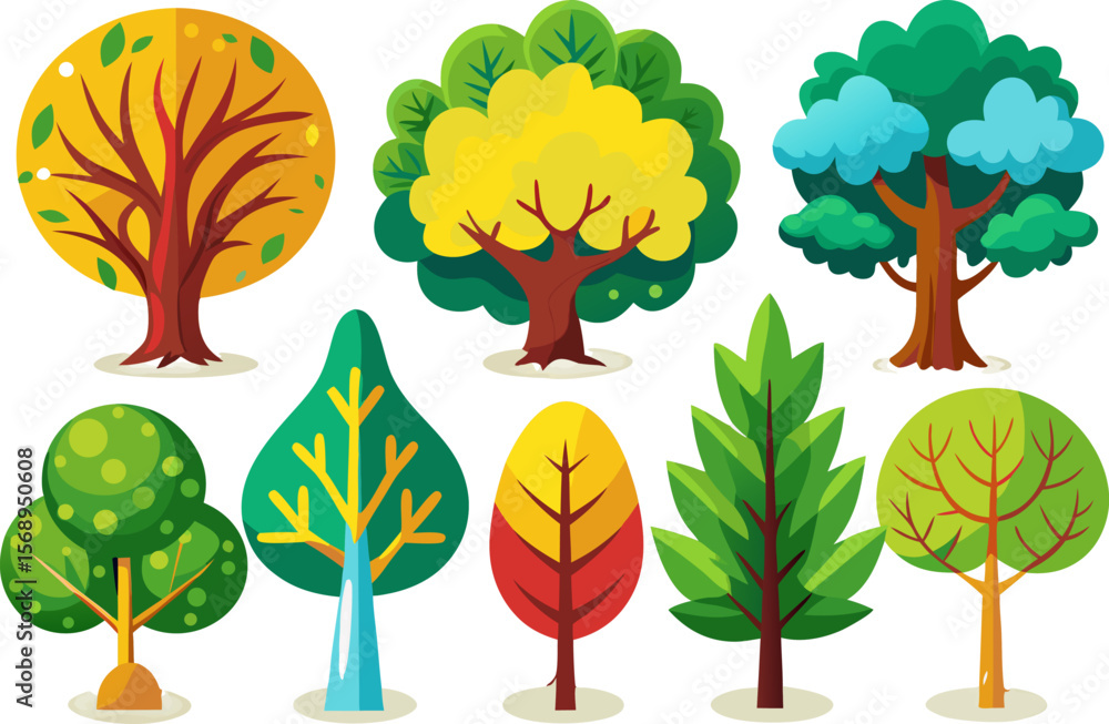 Fototapeta premium Flat Cartoon Tree Collection Vector Set