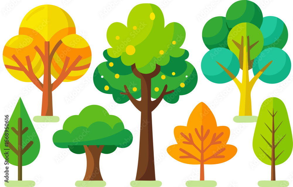 Fototapeta premium Flat Cartoon Tree Collection Vector Set