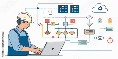 Data flow diagram. Process decomposition and data flow analysis. Engineer using laptop computer to manage data processing system.