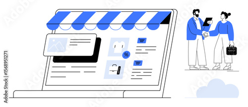 Online store interface on a laptop screen with product listings, discount tags, and storefront awning. Two businesspeople exchanging documents nearby. Ideal for e-commerce, entrepreneurship, business