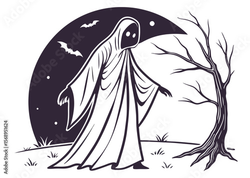 Spooky Halloween Ghost Silhouette with Bats Moon and Bare Tree in a Dark Landscape silhouette spooky