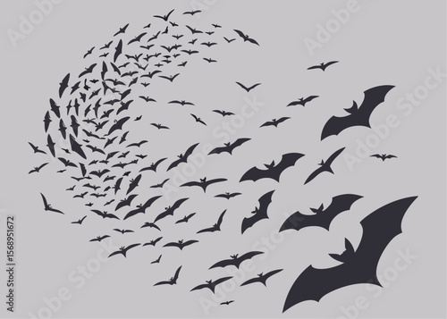Swarm of Bats Flying in a Group Formation Against a Gray Background silhouette large group bats