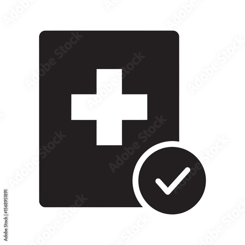 Approved medical record glyph icon with a health document and checkmark for patient clearance insurance validation or successful treatment