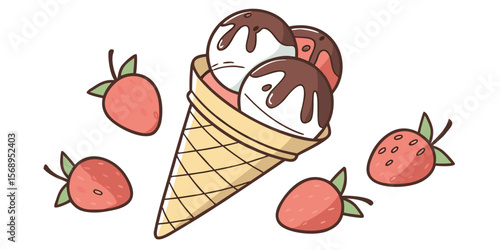 A decadent display of strawberry, chocolate, and vanilla ice cream scoops drizzled with chocolate, served in a waffle cone with fresh strawberries vector illustration.