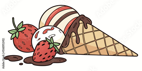  A decadent display of strawberry, chocolate, and vanilla ice cream scoops drizzled with chocolate, served in a waffle cone with fresh strawberries vector illustration.