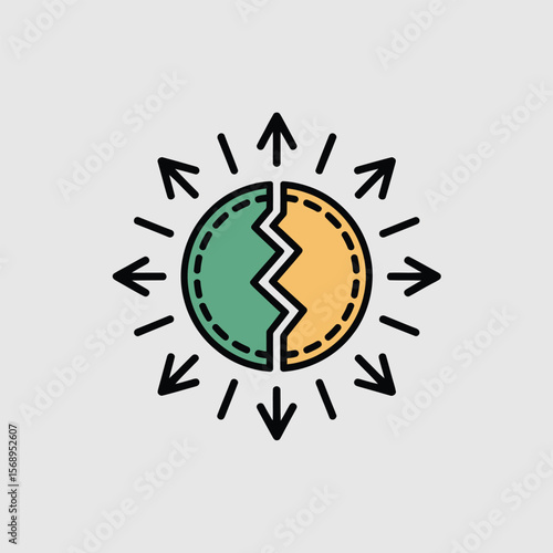 Minimalist Icon Depicting a Divided Circle Segmented into Teal and Golden Yellow Sections with Zigzag Separation Surrounded by Inward and Outward Pointing Arrows