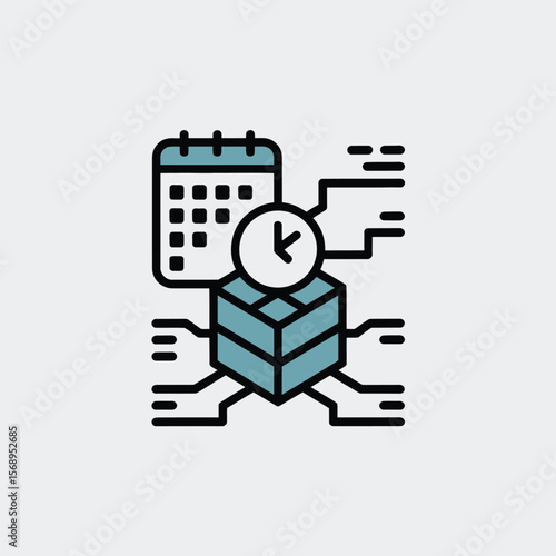 Minimalist Icon depicting a teal and blue three dimensional cube connected to a calendar and clock via lines suggesting data flow or process workflow against a light grey background