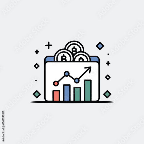 Minimalist Icon depicting Bitcoin Cryptocurrency Growth Illustrated with a Blue Tab Showing an Ascending Bar Graph with Orange Red Blue and Green Bars and Three Bitcoin Coins on Top Against