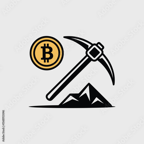 Minimalist Icon Depicting Bitcoin Mining a Pickaxe Striking Black Mountains with a Gold Bitcoin Coin Above