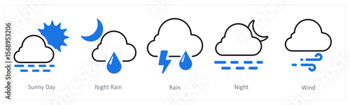 A set of 5 mix icons as sunny day, night rain, rain