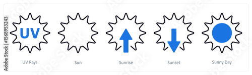 A set of 5 mix icons as uv rays, sun, sunrise