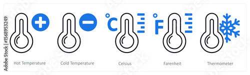 A set of 5 mix icons as hot temperature, cold temperature, celsius