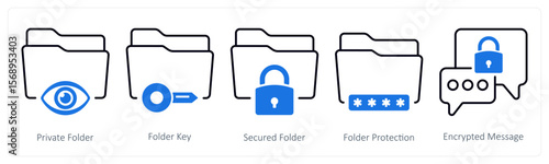 A set of 5 mix icons as private folder, folder key, secured folder