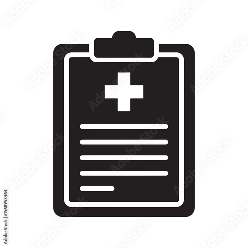Patient record glyph icon with a clipboard and medical cross for a health report clinical data file and doctor or hospital information form