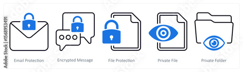 A set of 5 mix icons as email protection, encrypted message, file protection