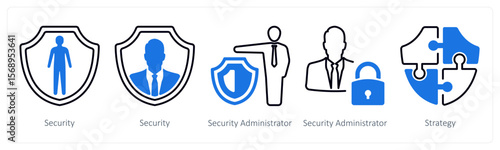 A set of 5 mix icons as security, security administrator, strategy