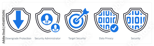 A set of 5 mix icons as downgrade protection, security administrator, target security