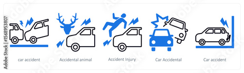 A set of 5 mix icons as car accident, accidental animal, accident injury