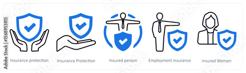 A set of 5 mix icons as insurance protection, insured person, employement insurance